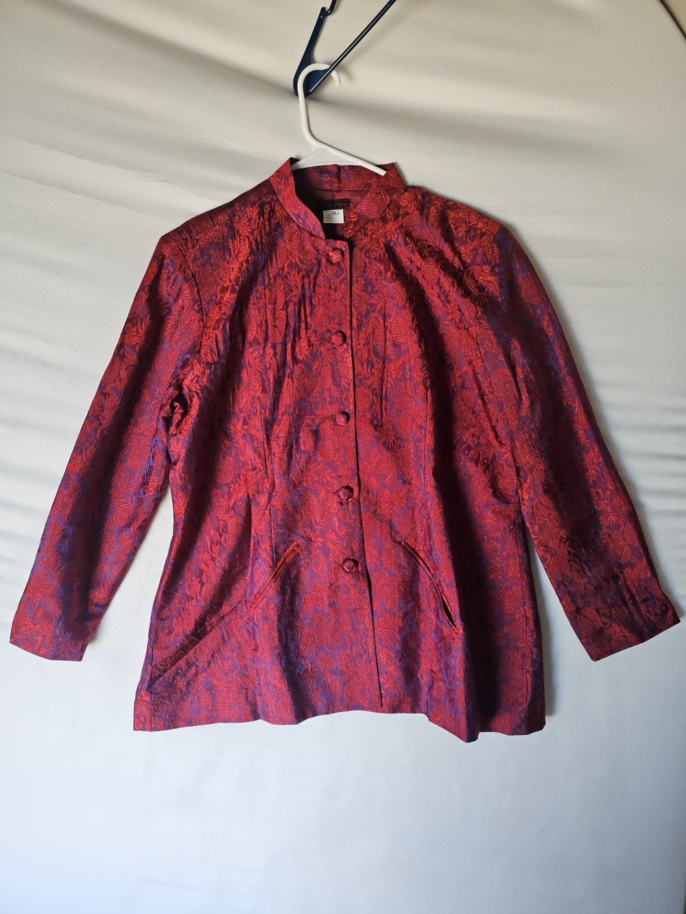 Silk Fire Vintage 100% Silk Red Purple Brocade Mandarin Collar Jacket XL